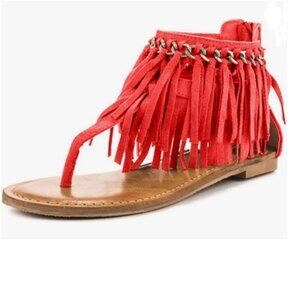 YDN Red Flip Flop Sandals Fringes Thong Flats Suede Tassels Metal Chain Shoes